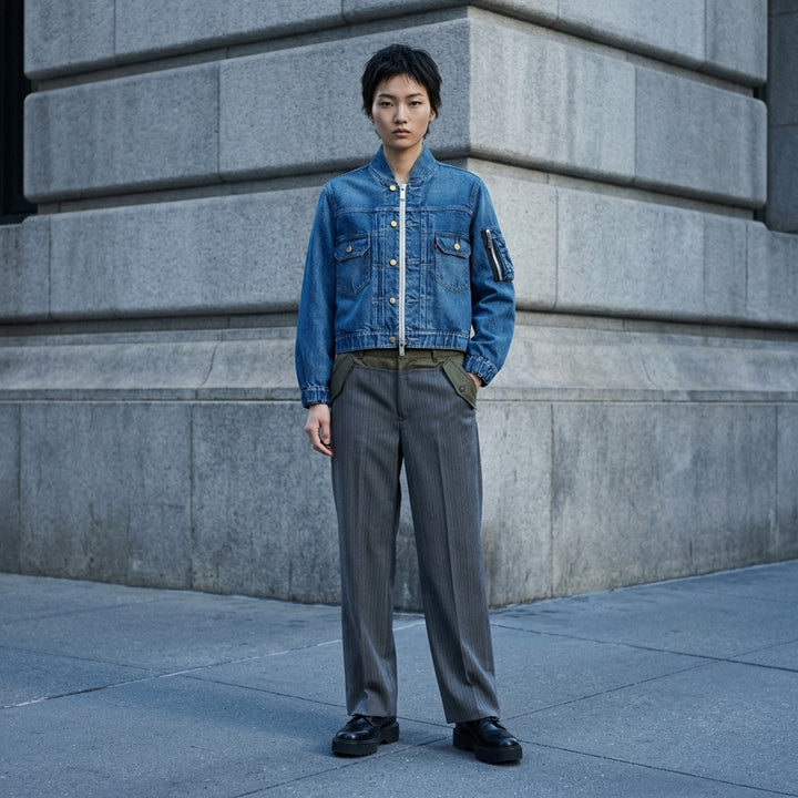 sacai x Levi's women's blue denim blouson jacket with bomber collar, exposed front zip, gold buttons, chest flap pockets and sleeve zip pocket - lifestyle