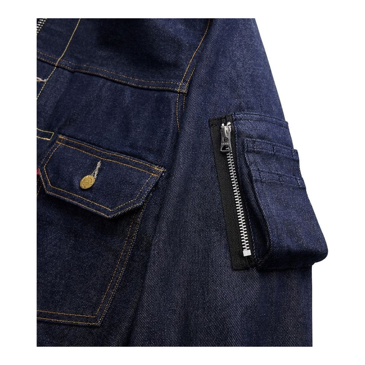 sacai x Levi's denim blouson jacket in stonewashed indigo with white zip front, flap chest pockets and sleeve zip pocket - packshot