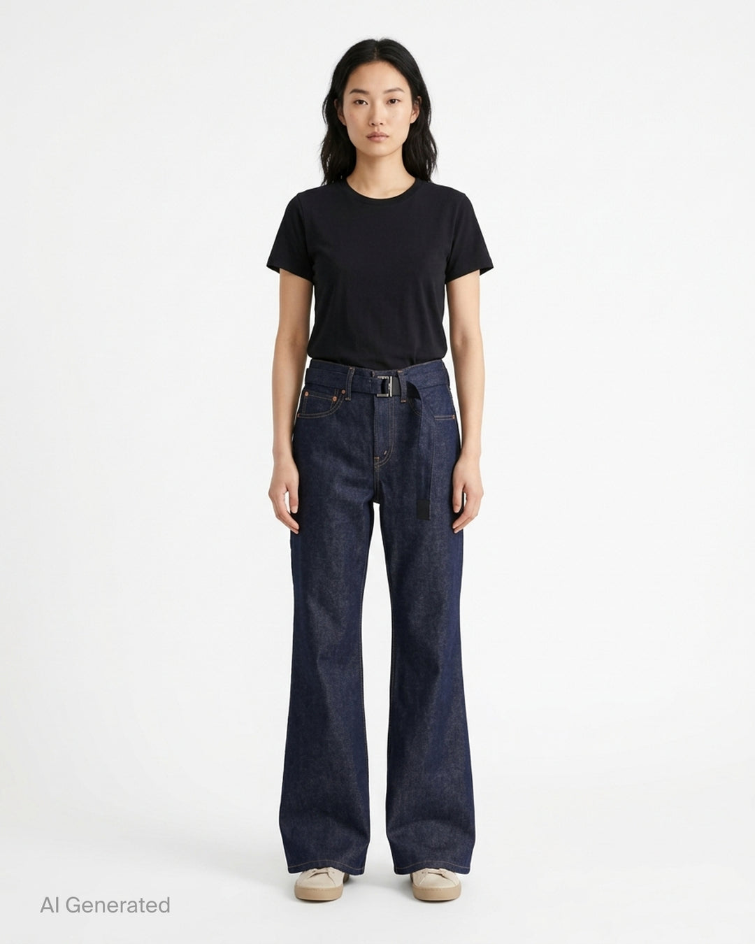 sacai x Levi's mid-blue washed flare jeans with an integrated black woven belt, shown from the front - front