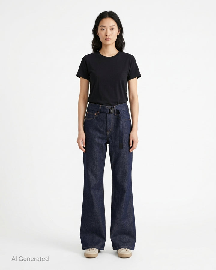sacai x Levi's mid-blue washed flare jeans with an integrated black woven belt, shown from the front - front