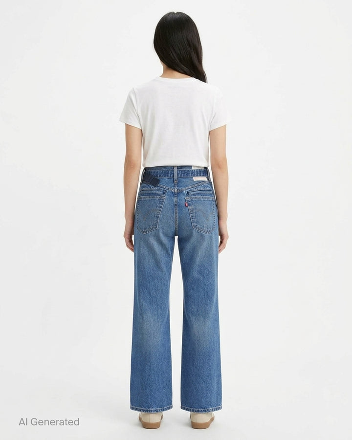 sacai x Levi's mid-blue washed flare jeans with an integrated black woven belt, shown from the front - back