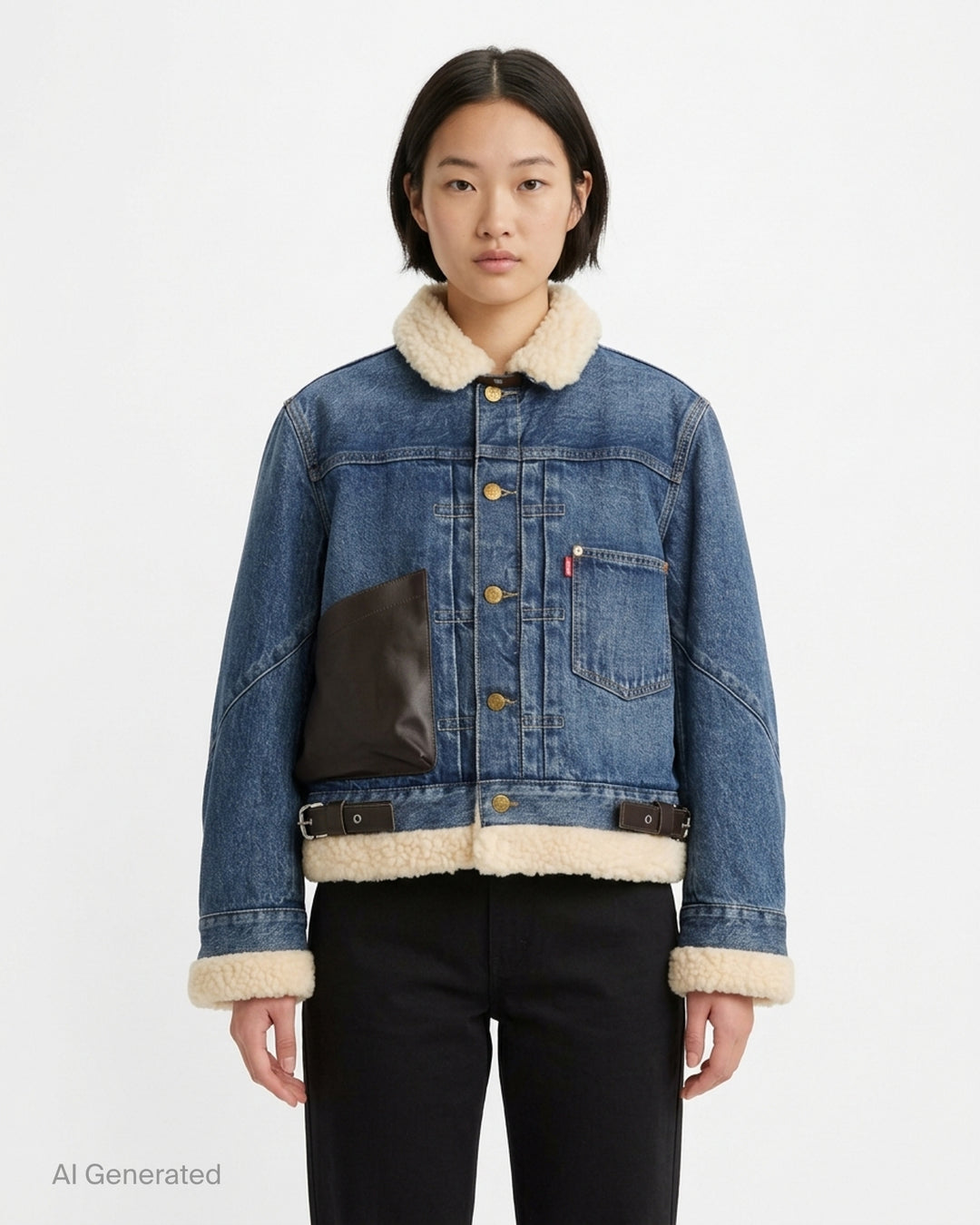 sacai x Levi's women's indigo denim trucker jacket with cream sherpa collar, cuffs and hem, leather patch pocket and buckled side straps - front