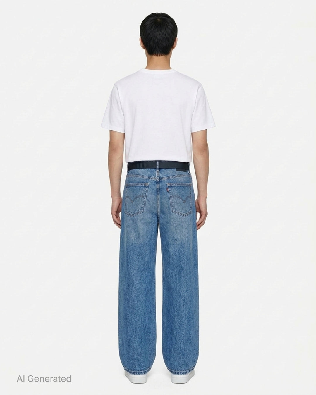 sacai wide-leg washed blue jeans with layered waistband and black belt with metal buckle, shown from the front - back
