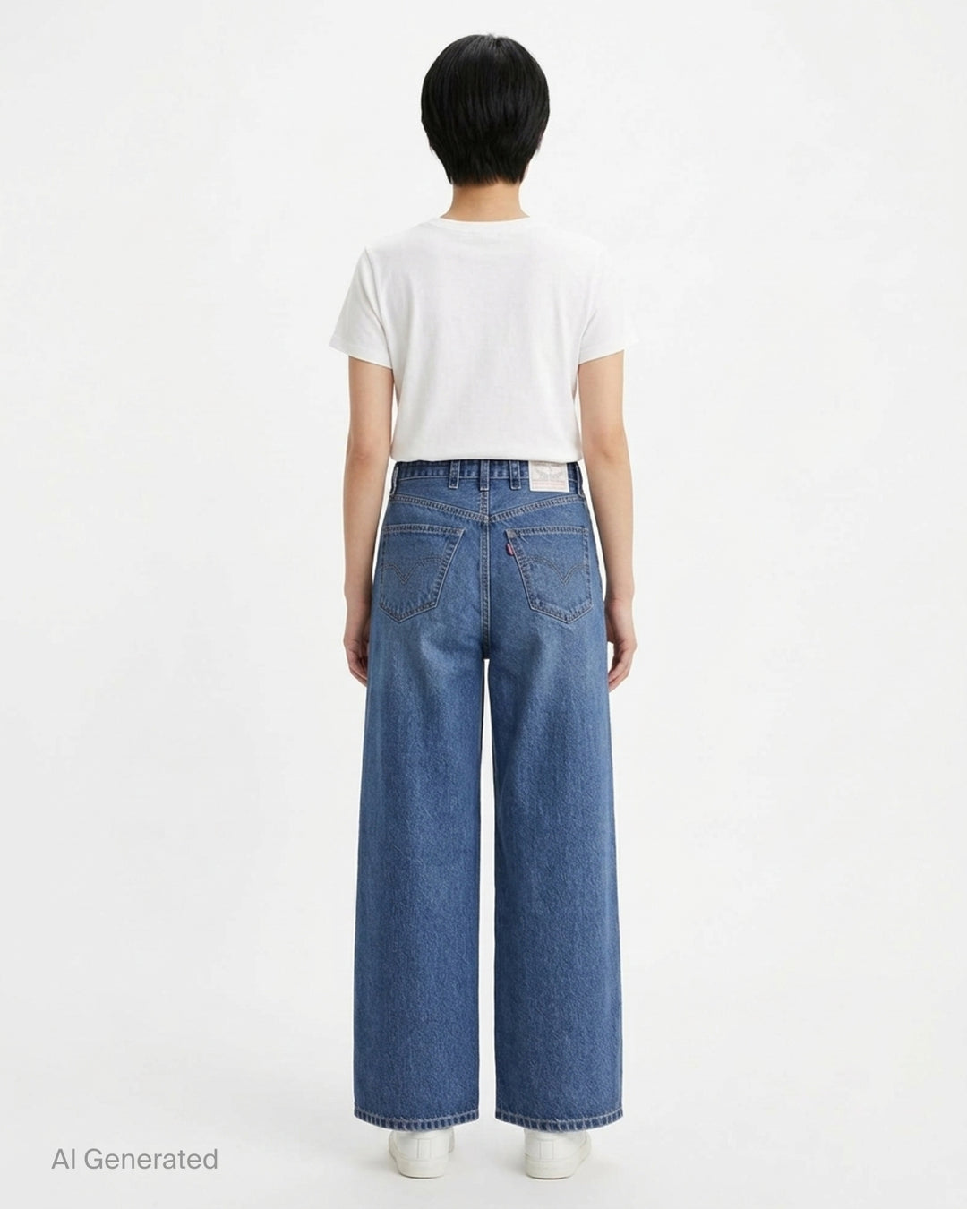 sacai x Levi's wide-leg mid-wash blue jeans with layered waistband and integrated webbing belt, shown flat from the front - back