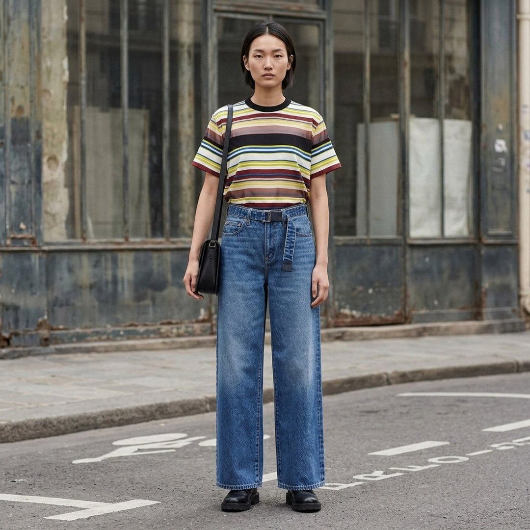 sacai x Levi's wide-leg mid-wash blue jeans with layered waistband and integrated webbing belt, shown flat from the front - lifestyle