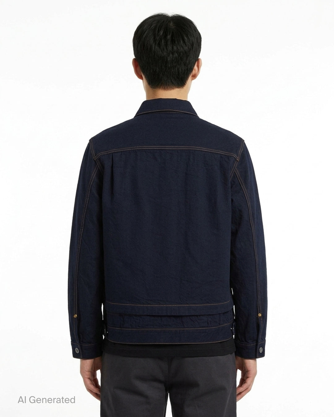 sacai indigo denim trucker jacket with contrast topstitching, pleated front panels, button-flap chest pockets and a layered hem, shown from the front - back