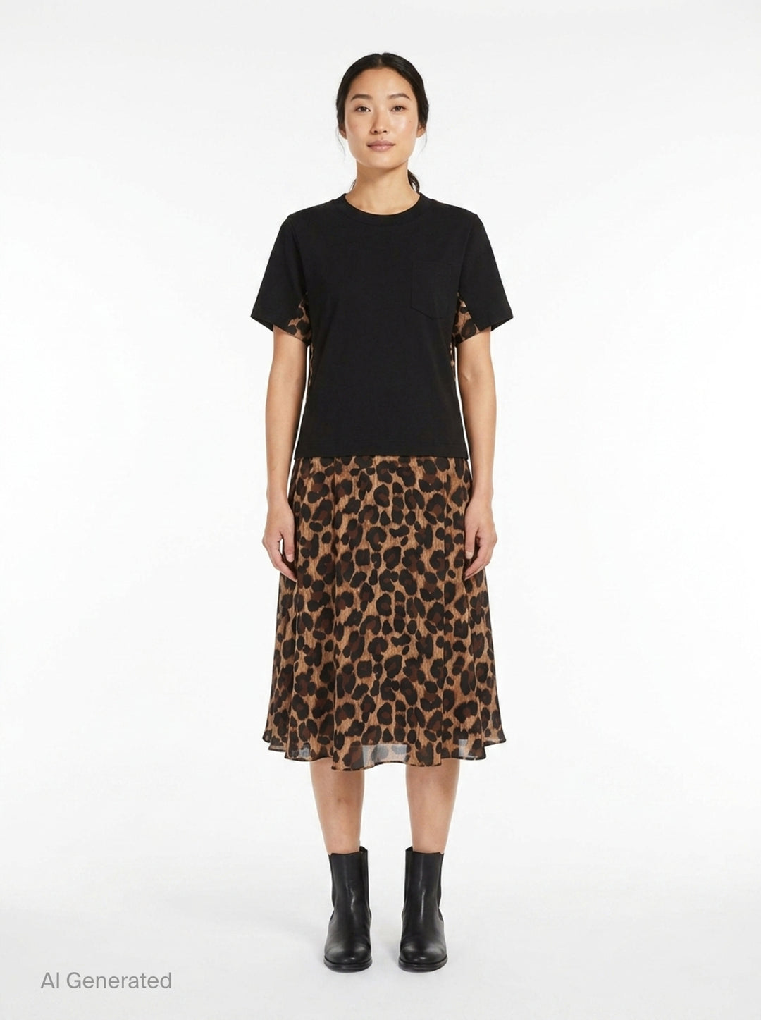 sacai Leopard Cotton Jersey Dress with black crew-neck t-shirt bodice, contrast leopard-print sleeve panels, and fluid leopard-print A-line midi skirt - front