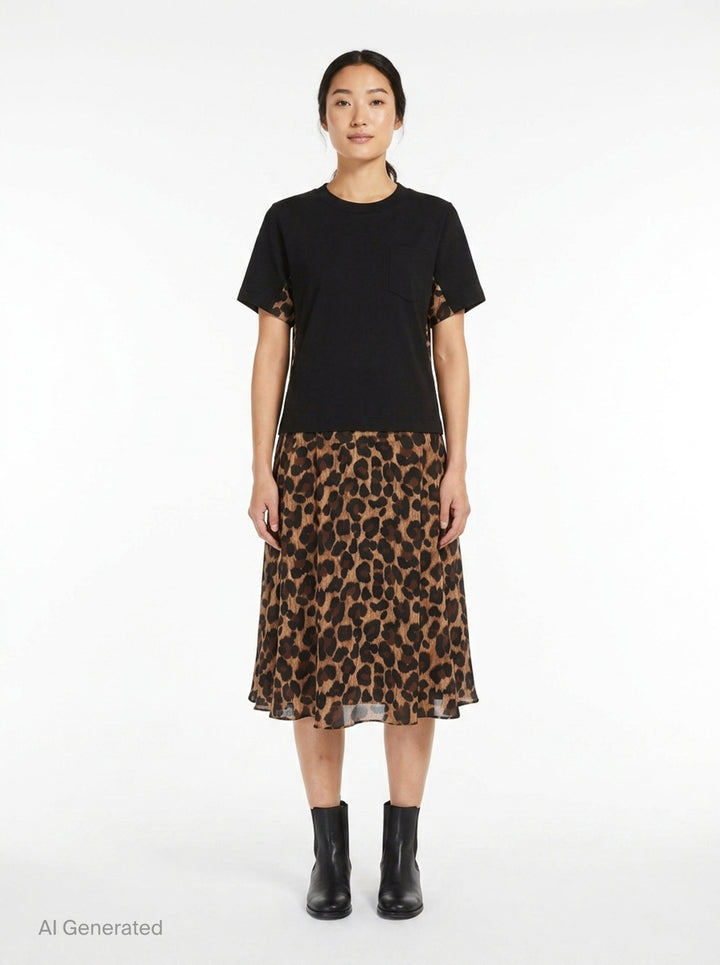 sacai Leopard Cotton Jersey Dress with black crew-neck t-shirt bodice, contrast leopard-print sleeve panels, and fluid leopard-print A-line midi skirt - front