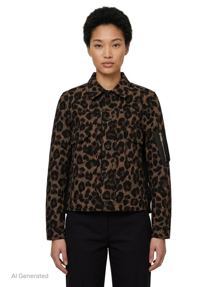 sacai Leopard x Nylon Twill Jacket in brown and black leopard print with snap button front, dual chest pockets, and MA-1 zip detail on sleeve - front