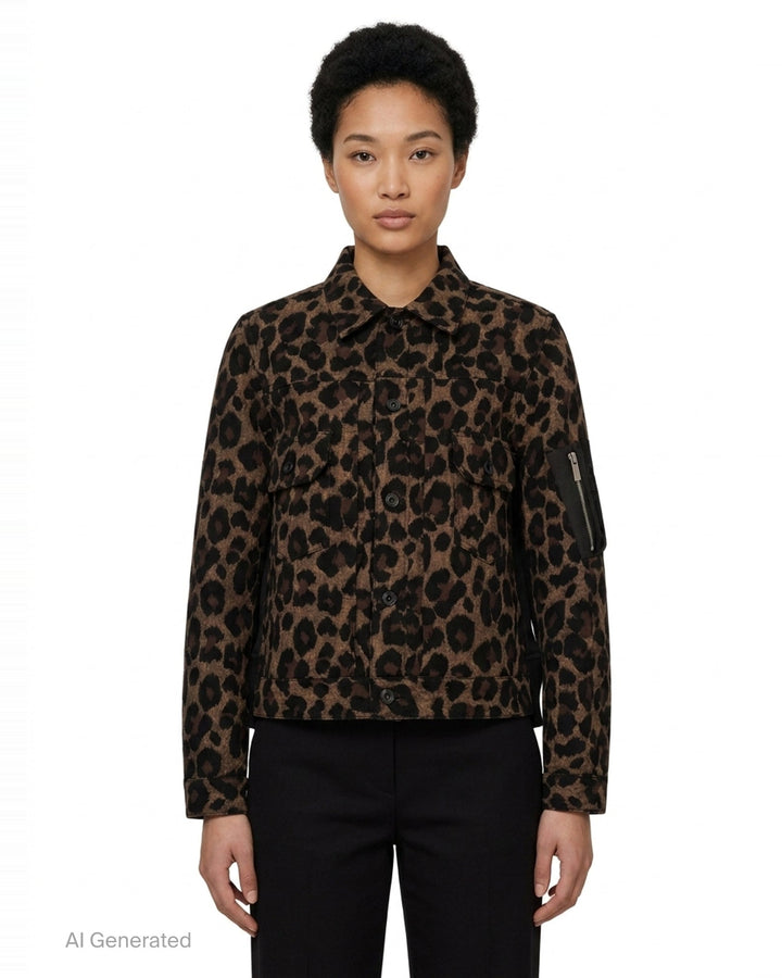 sacai Leopard x Nylon Twill Jacket in brown and black leopard print with snap button front, dual chest pockets, and MA-1 zip detail on sleeve - front