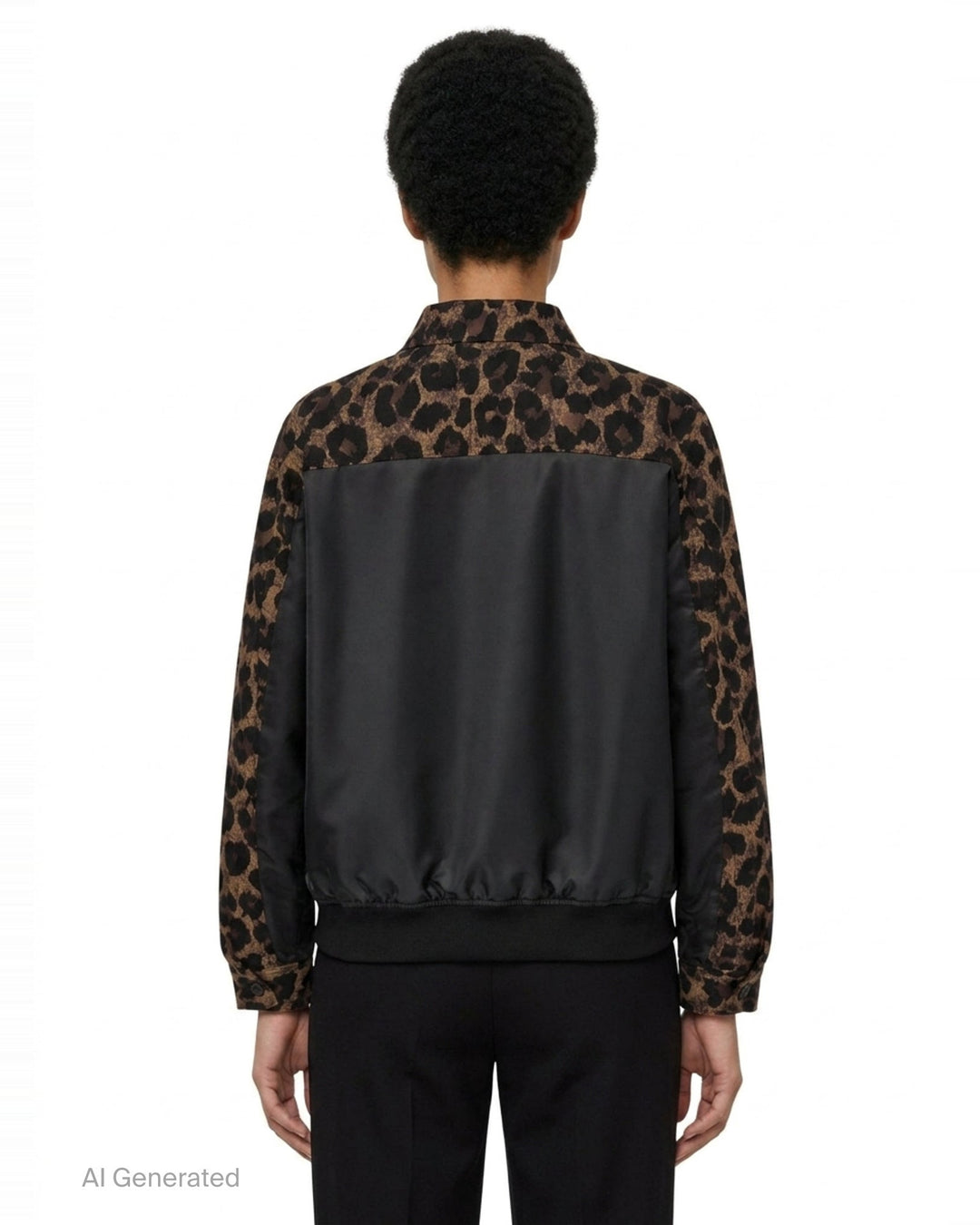sacai Leopard x Nylon Twill Jacket in brown and black leopard print with snap button front, dual chest pockets, and MA-1 zip detail on sleeve - back