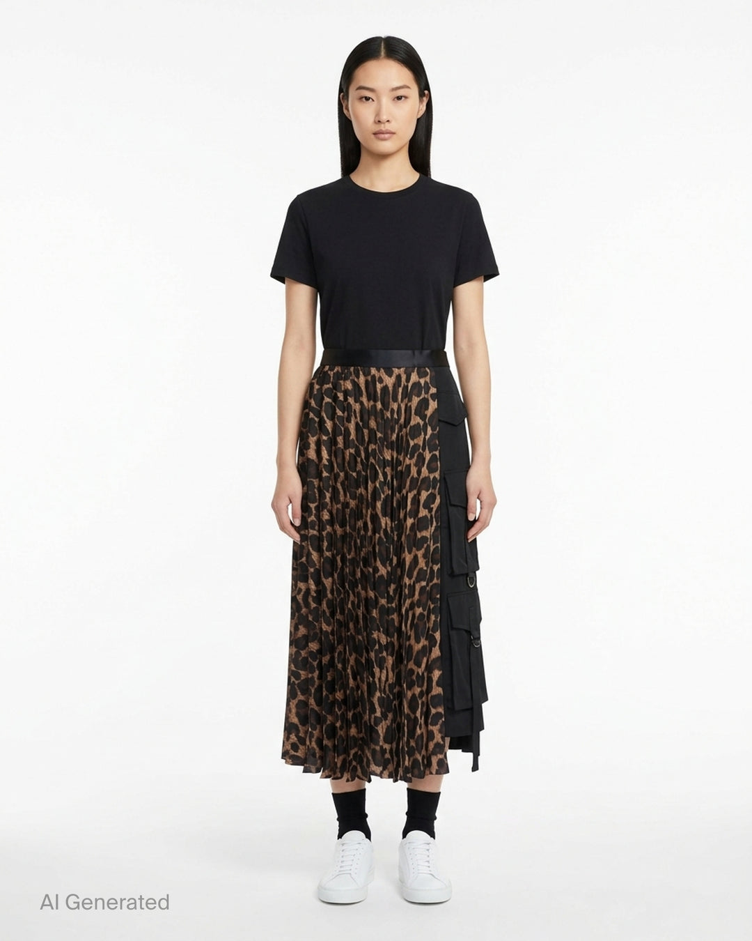 sacai Leopard Pleated Midi Skirt with knife pleats, all-over leopard print, contrast black satin waistband and draped bow detail at the hip - front