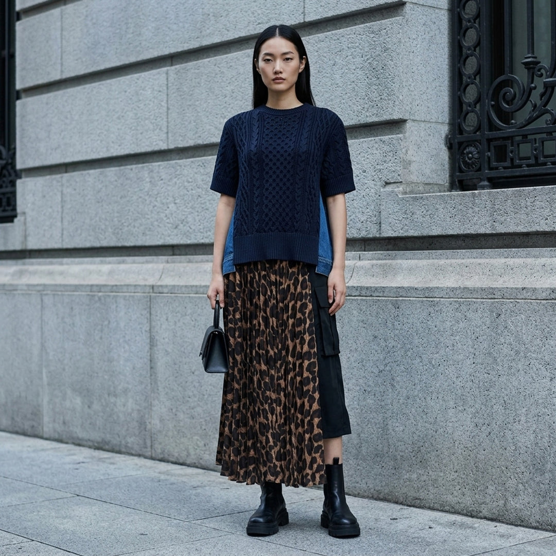 sacai Leopard Pleated Midi Skirt with knife pleats, all-over leopard print, contrast black satin waistband and draped bow detail at the hip - lifestyle