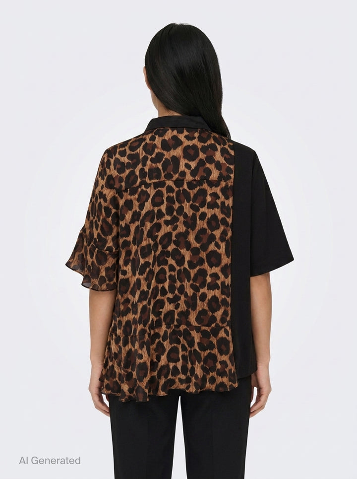 sacai Leopard Suiting Contrast Blouse featuring an asymmetric hybrid design with a solid black suiting panel, leopard-print chiffon body, mock-neck collar, flutter sleeve, and ruffled hem - back