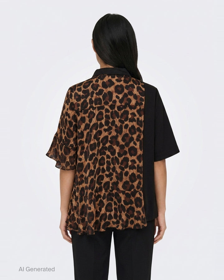 sacai Leopard Suiting Contrast Blouse featuring an asymmetric hybrid design with a solid black suiting panel, leopard-print chiffon body, mock-neck collar, flutter sleeve, and ruffled hem - back