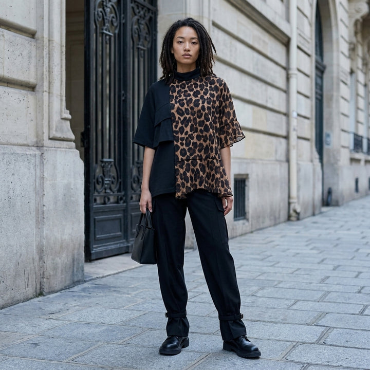 sacai Leopard Suiting Contrast Blouse featuring an asymmetric hybrid design with a solid black suiting panel, leopard-print chiffon body, mock-neck collar, flutter sleeve, and ruffled hem - lifestyle