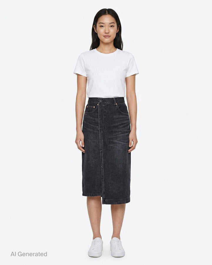 sacai washed black midi denim skirt with high waist, vertical front seam, five-pocket construction, copper rivets, and asymmetric hem slit - front