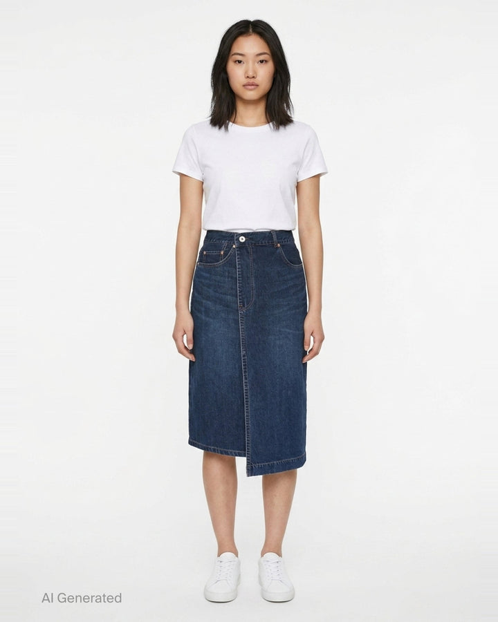sacai washed black midi denim skirt with high waist, vertical front seam, five-pocket construction, copper rivets, and asymmetric hem slit - front