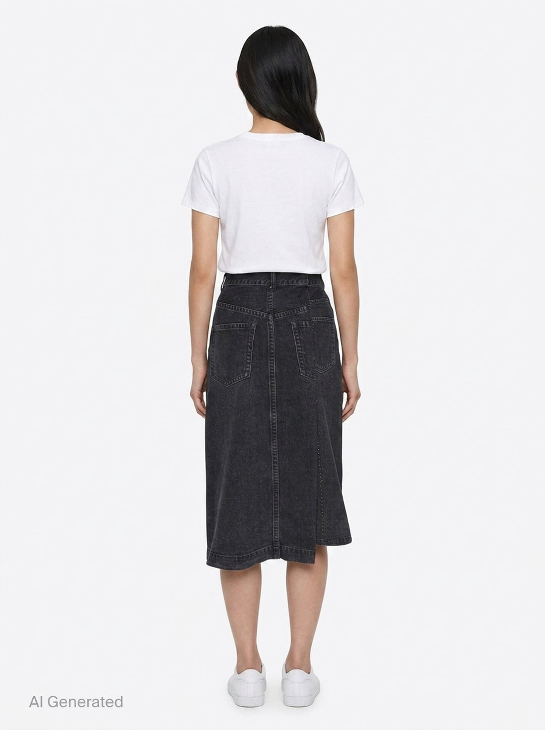 sacai washed black midi denim skirt with high waist, vertical front seam, five-pocket construction, copper rivets, and asymmetric hem slit - back