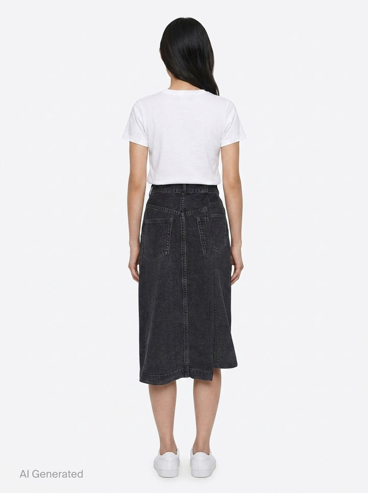sacai washed black midi denim skirt with high waist, vertical front seam, five-pocket construction, copper rivets, and asymmetric hem slit - back