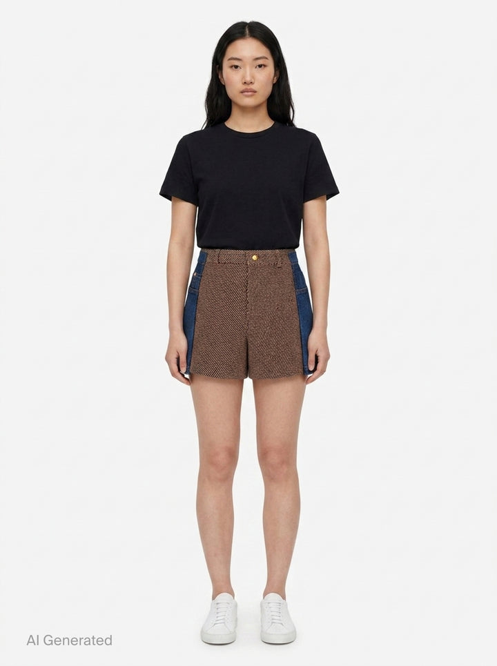 sacai Nep Tweed x Denim Shorts featuring a diagonal herringbone tweed front panel, denim side panels with orange topstitching, and a gold-tone button closure at the high waist - front