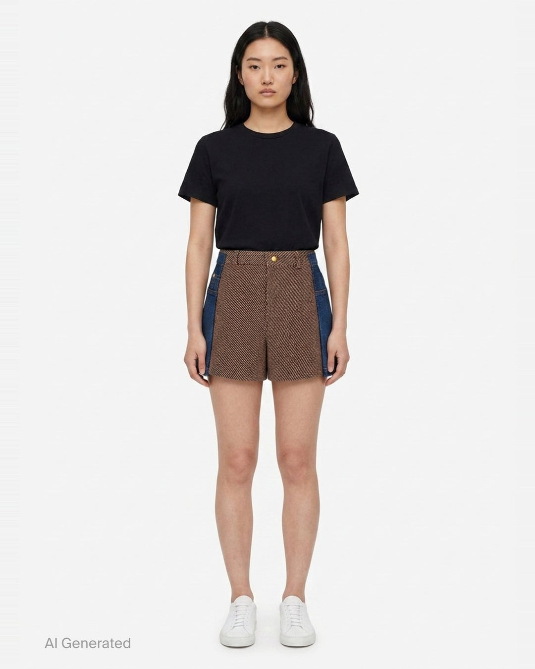 sacai Nep Tweed x Denim Shorts featuring a diagonal herringbone tweed front panel, denim side panels with orange topstitching, and a gold-tone button closure at the high waist - front