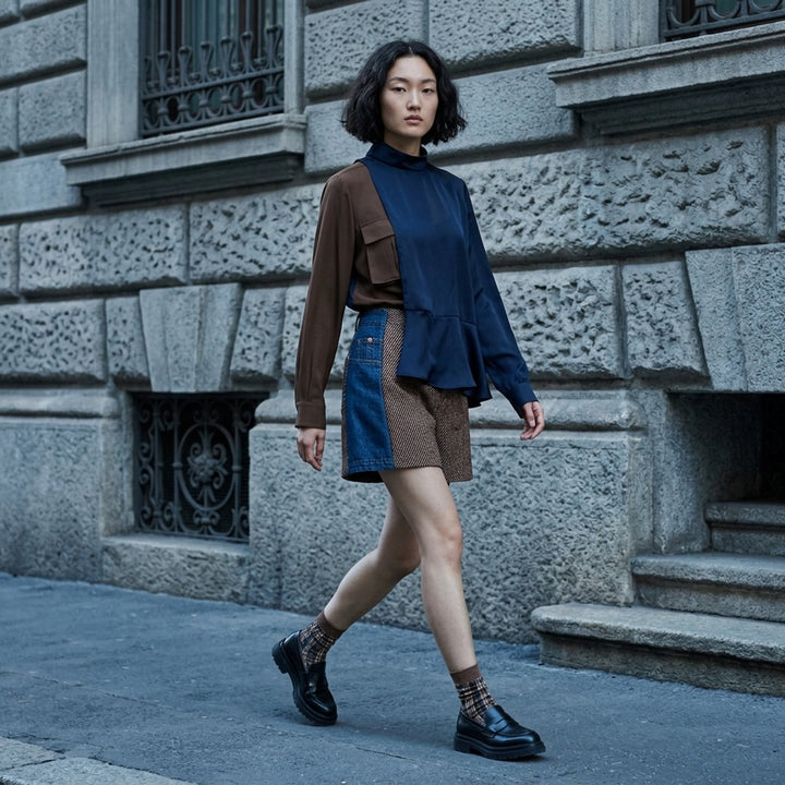 sacai Nep Tweed x Denim Shorts featuring a diagonal herringbone tweed front panel, denim side panels with orange topstitching, and a gold-tone button closure at the high waist - lifestyle