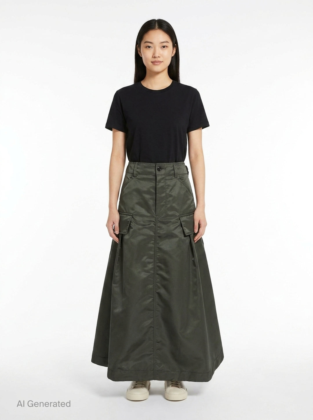 sacai black nylon twill cargo midi skirt with A-line silhouette, oversized hip pockets, structured waistband, and pleated flared hem - front