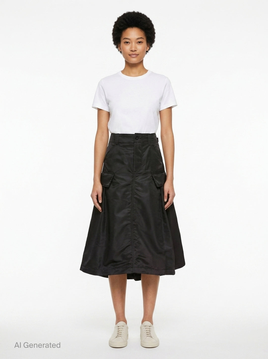 sacai black nylon twill cargo midi skirt with A-line silhouette, oversized hip pockets, structured waistband, and pleated flared hem - front