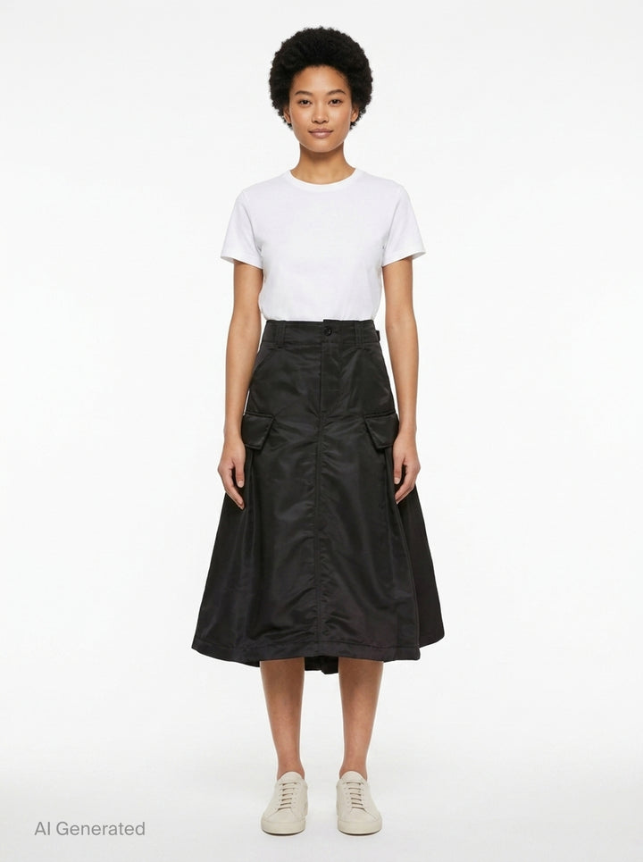 sacai black nylon twill cargo midi skirt with A-line silhouette, oversized hip pockets, structured waistband, and pleated flared hem - front