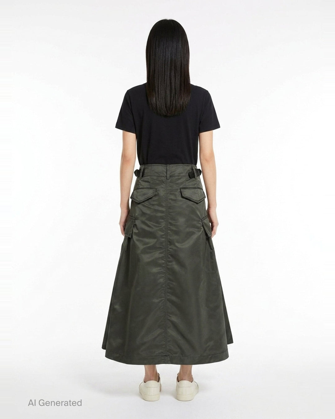 sacai black nylon twill cargo midi skirt with A-line silhouette, oversized hip pockets, structured waistband, and pleated flared hem - back