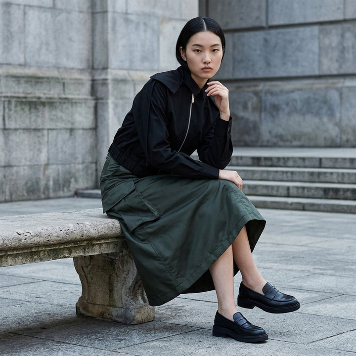sacai black nylon twill cargo midi skirt with A-line silhouette, oversized hip pockets, structured waistband, and pleated flared hem - lifestyle