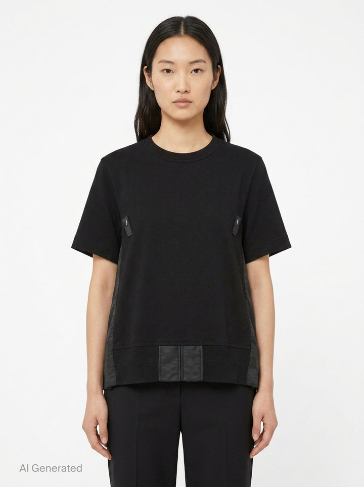 sacai Nylon Twill Cotton Jersey Tee in black, featuring snap-button chest tabs, nylon twill side panels, and a flared panelled hem - front
