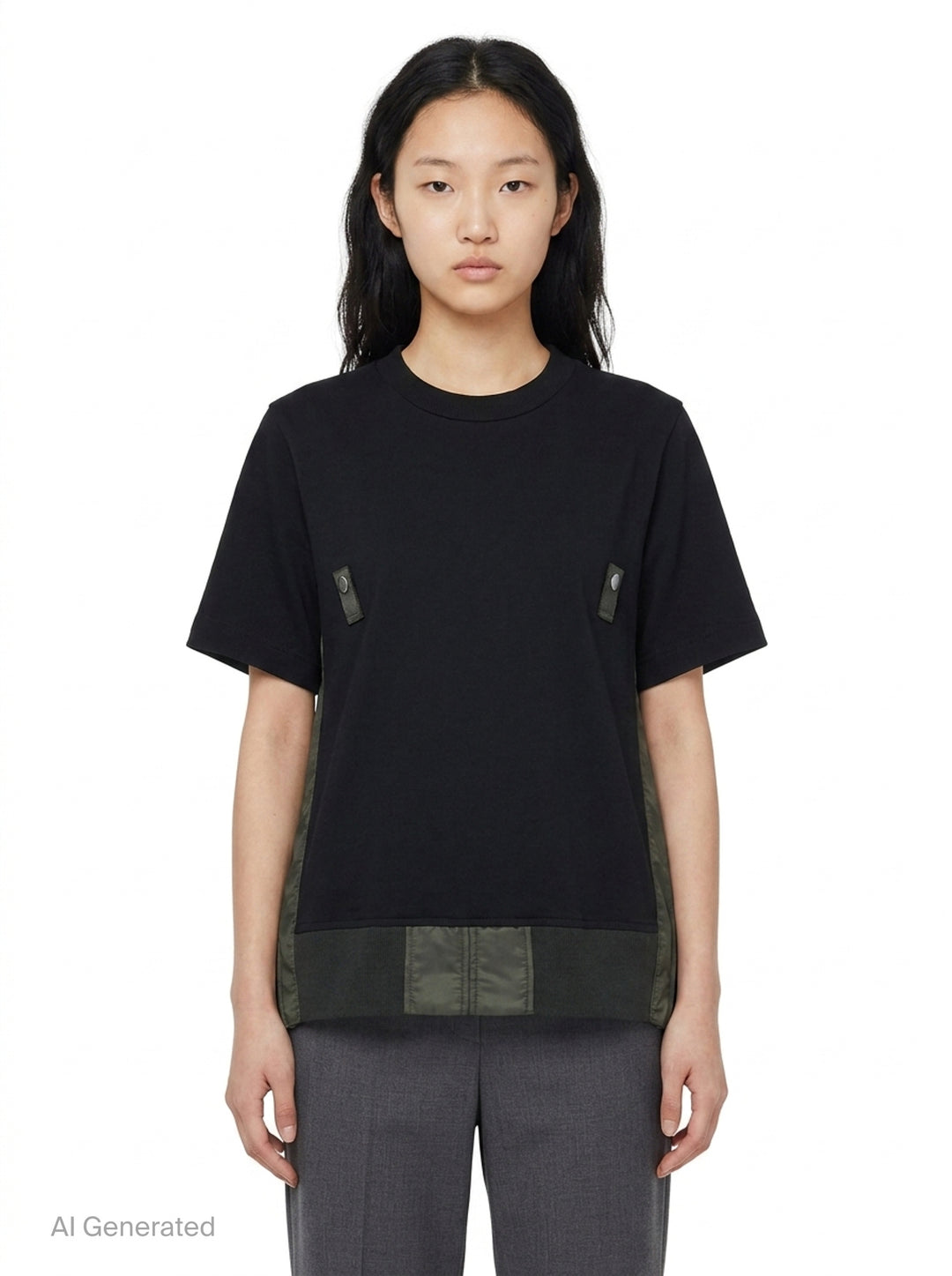 sacai Nylon Twill Cotton Jersey Tee in black, featuring snap-button chest tabs, nylon twill side panels, and a flared panelled hem - front
