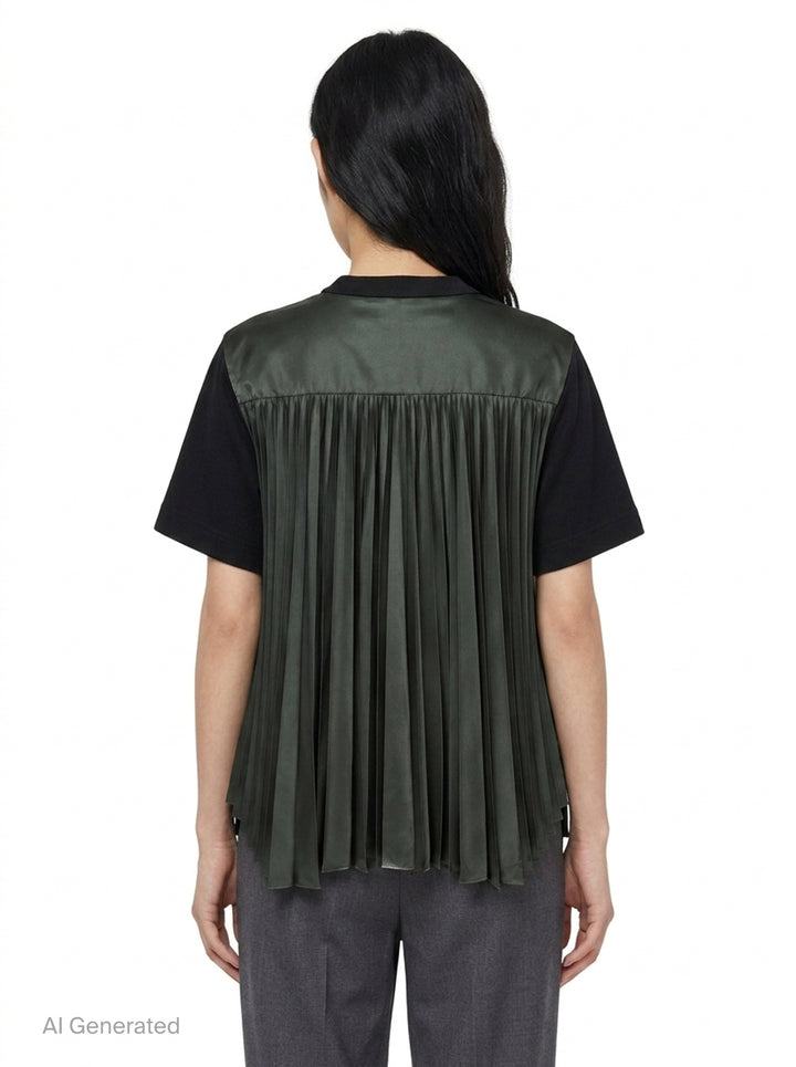 sacai Nylon Twill Cotton Jersey Tee in black, featuring snap-button chest tabs, nylon twill side panels, and a flared panelled hem - back