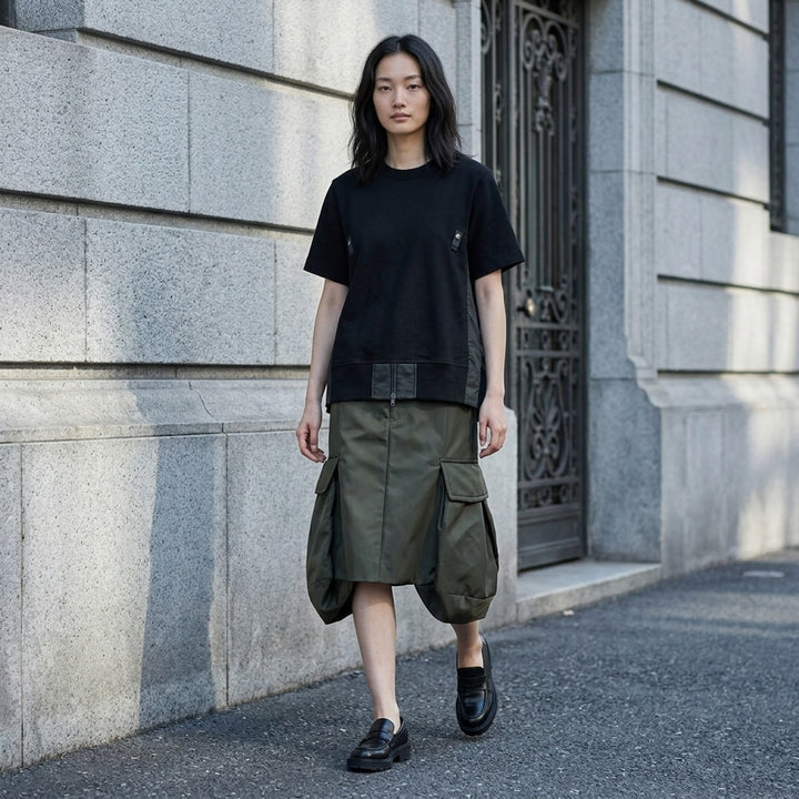 sacai Nylon Twill Cotton Jersey Tee in black, featuring snap-button chest tabs, nylon twill side panels, and a flared panelled hem - lifestyle