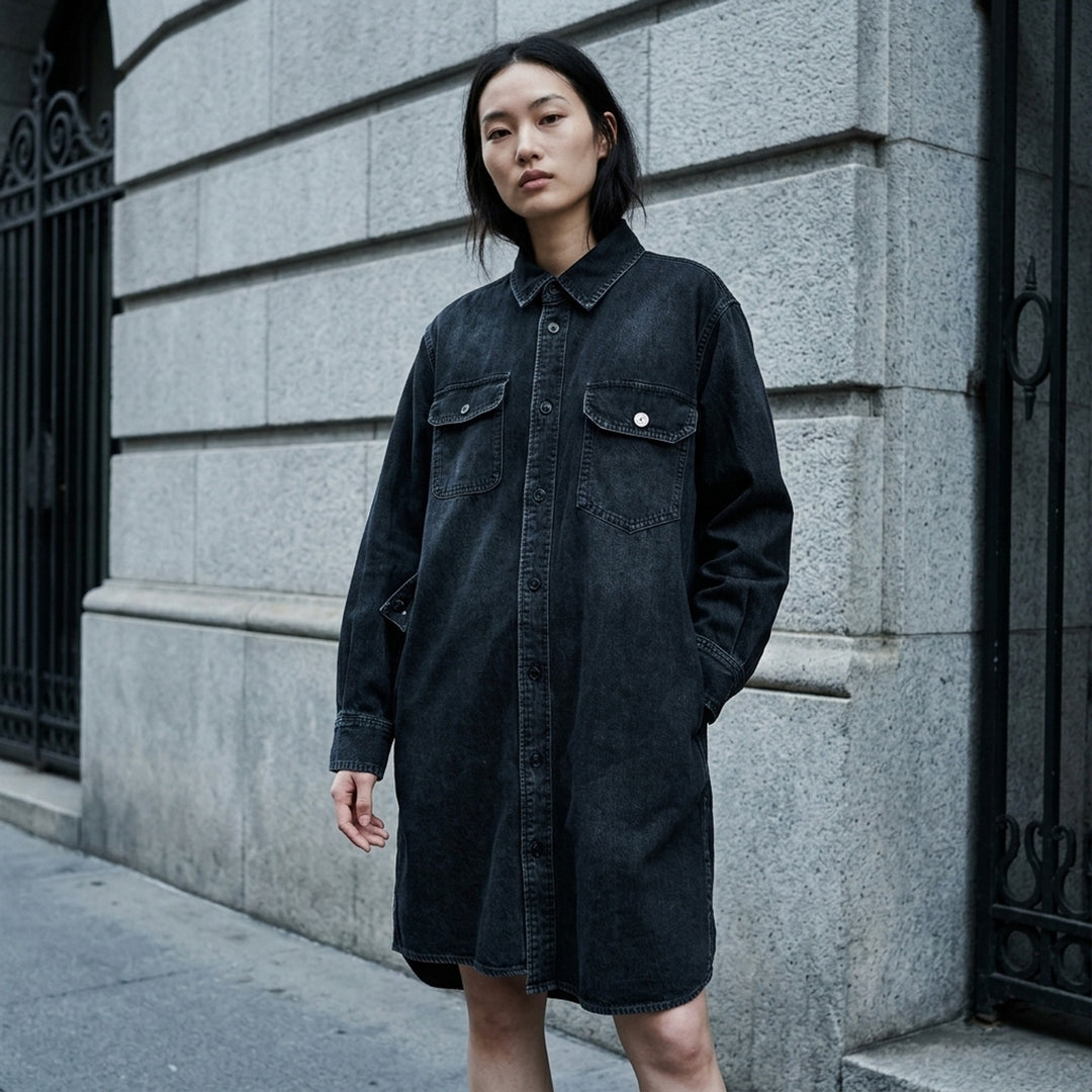 sacai oversized black washed denim shirt dress with dual chest patch pockets, mixed button hardware, full-length button front, and longline curved hem — flat lay on white background - lifestyle