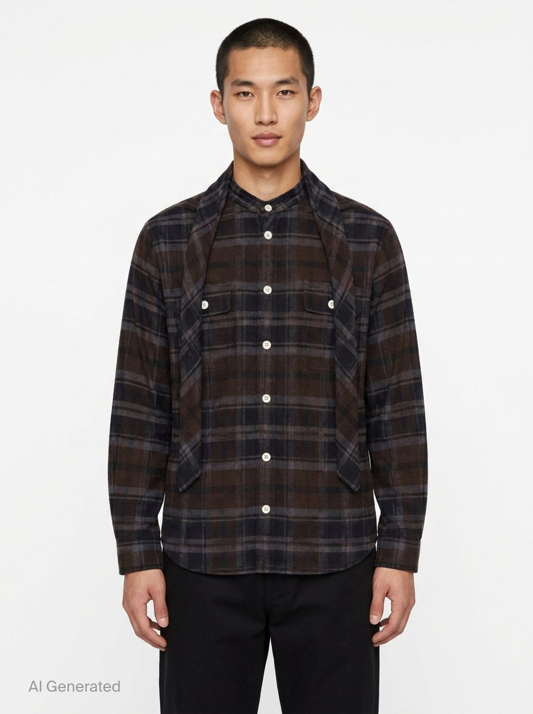 sacai plaid flannel long sleeve shirt in brown, navy, and grey check with deconstructed layered collar, dual chest pockets, and mother-of-pearl buttons, displayed flat on white background - front