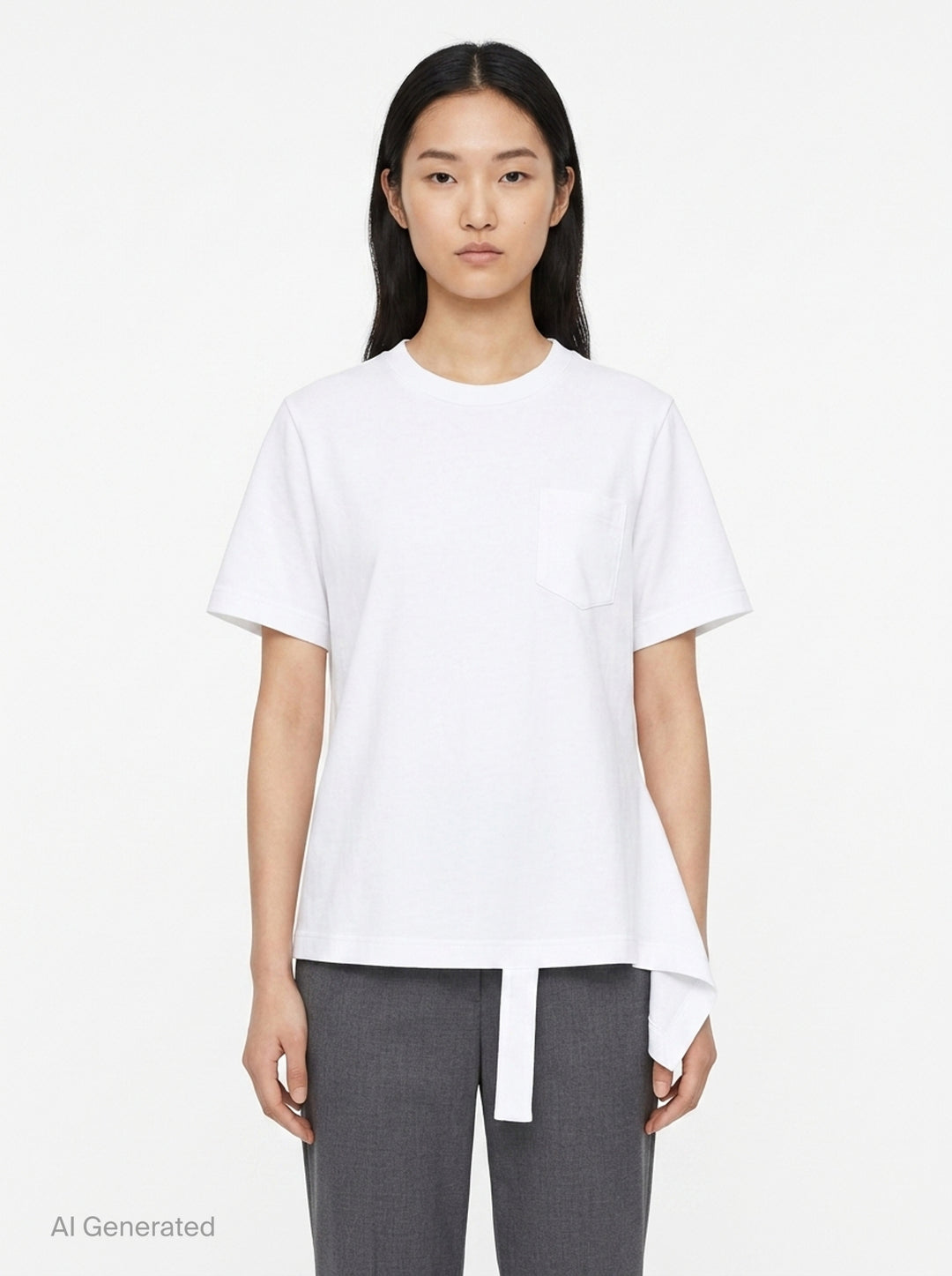sacai Poplin x Cotton Jersey T-Shirt in black with asymmetric blue pinstripe poplin panel draped at the side hem, crew neck, short sleeves, and chest pocket - front