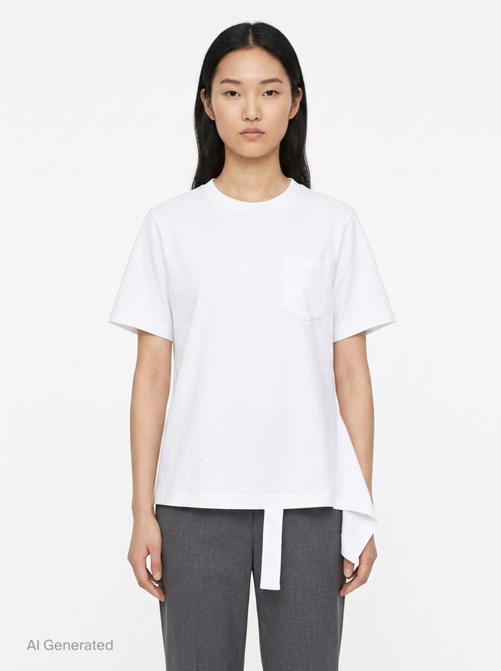 sacai Poplin x Cotton Jersey T-Shirt in black with asymmetric blue pinstripe poplin panel draped at the side hem, crew neck, short sleeves, and chest pocket - front