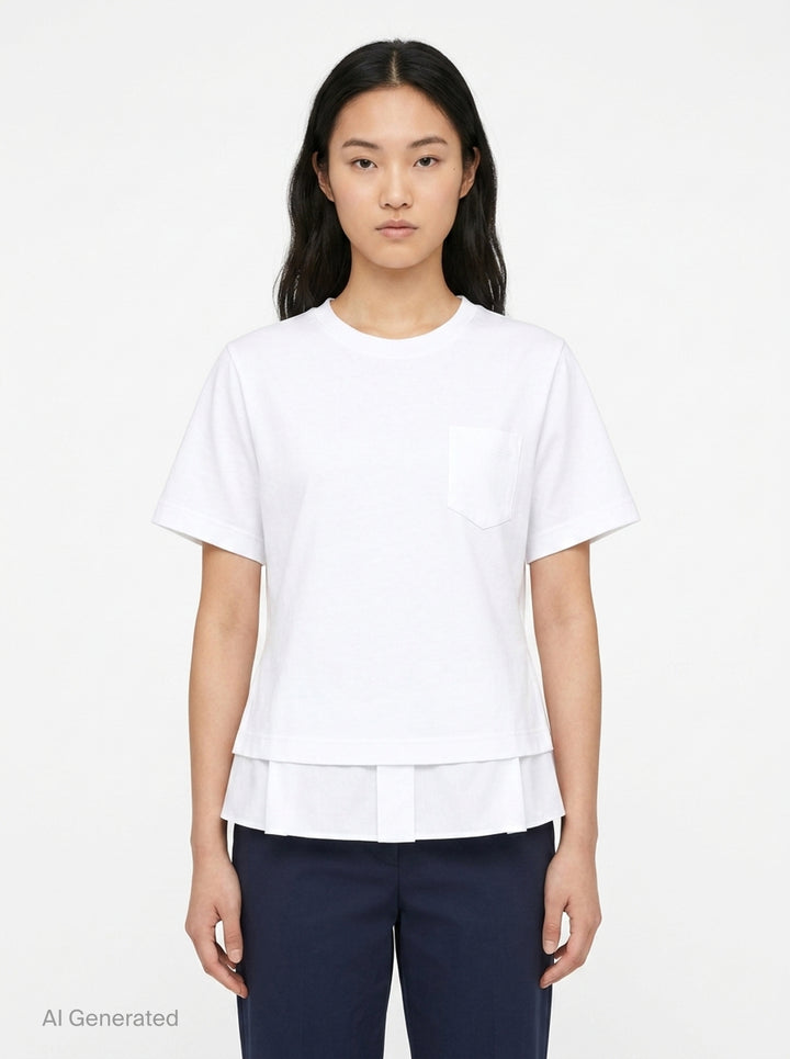 sacai Poplin x Cotton Jersey T-Shirt in black, featuring a crew neck, chest pocket, and light blue pinstripe poplin side panels with a flared hem - front