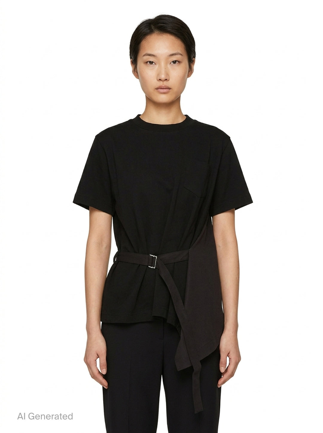 sacai Poplin x Cotton Jersey T-Shirt in black with asymmetric blue pinstripe poplin panel draped at the side hem, crew neck, short sleeves, and chest pocket - front