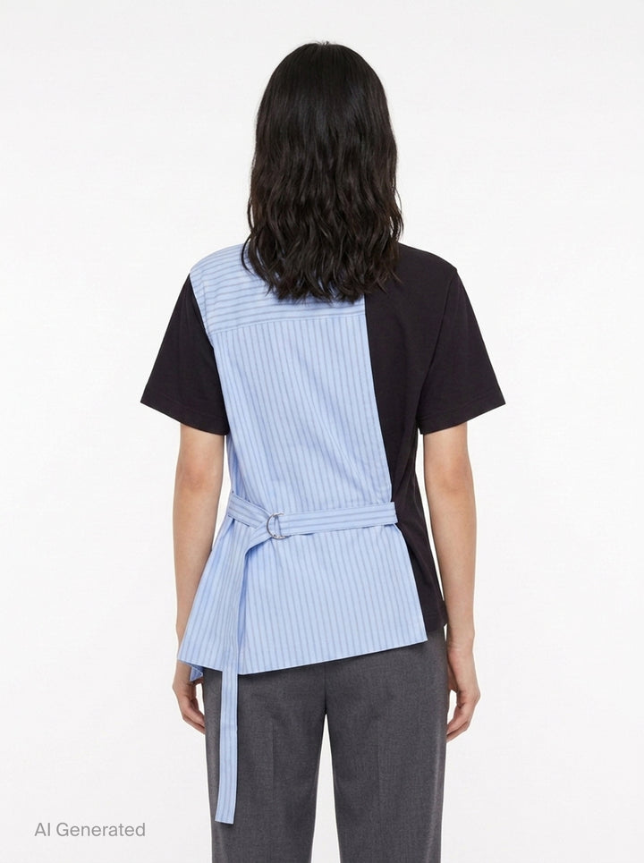 sacai Poplin x Cotton Jersey T-Shirt in black with asymmetric blue pinstripe poplin panel draped at the side hem, crew neck, short sleeves, and chest pocket - back