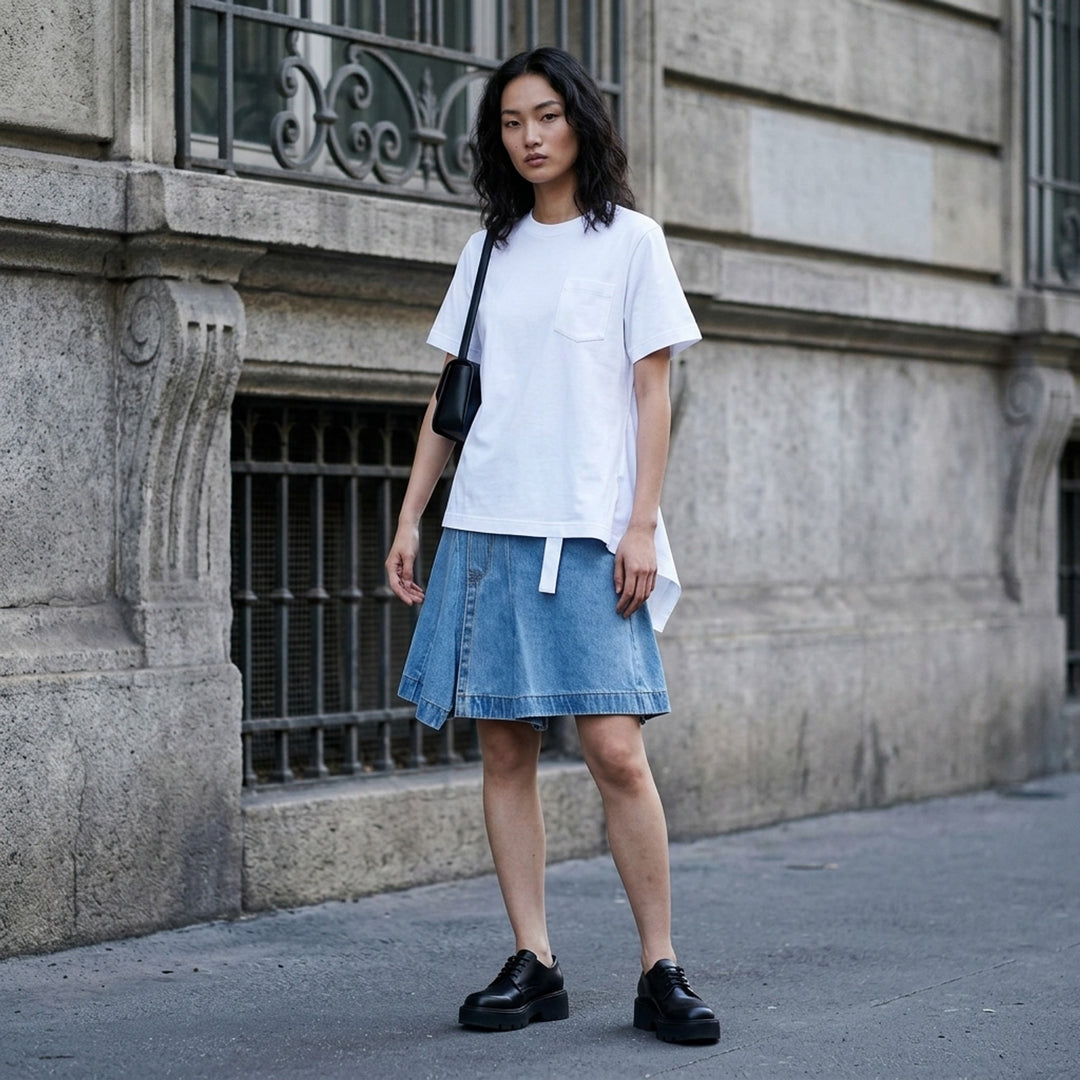 sacai Poplin x Cotton Jersey T-Shirt in black with asymmetric blue pinstripe poplin panel draped at the side hem, crew neck, short sleeves, and chest pocket - lifestyle