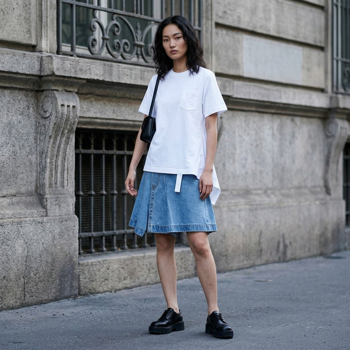 sacai Poplin x Cotton Jersey T-Shirt in black with asymmetric blue pinstripe poplin panel draped at the side hem, crew neck, short sleeves, and chest pocket - lifestyle