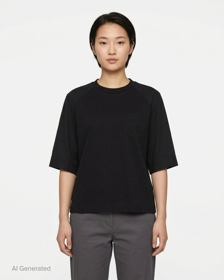 sacai Poplin Cotton Jersey Tee in black, featuring a mock neck collar, raglan sleeves, and a tonal patch chest pocket, displayed flat on a white background - front