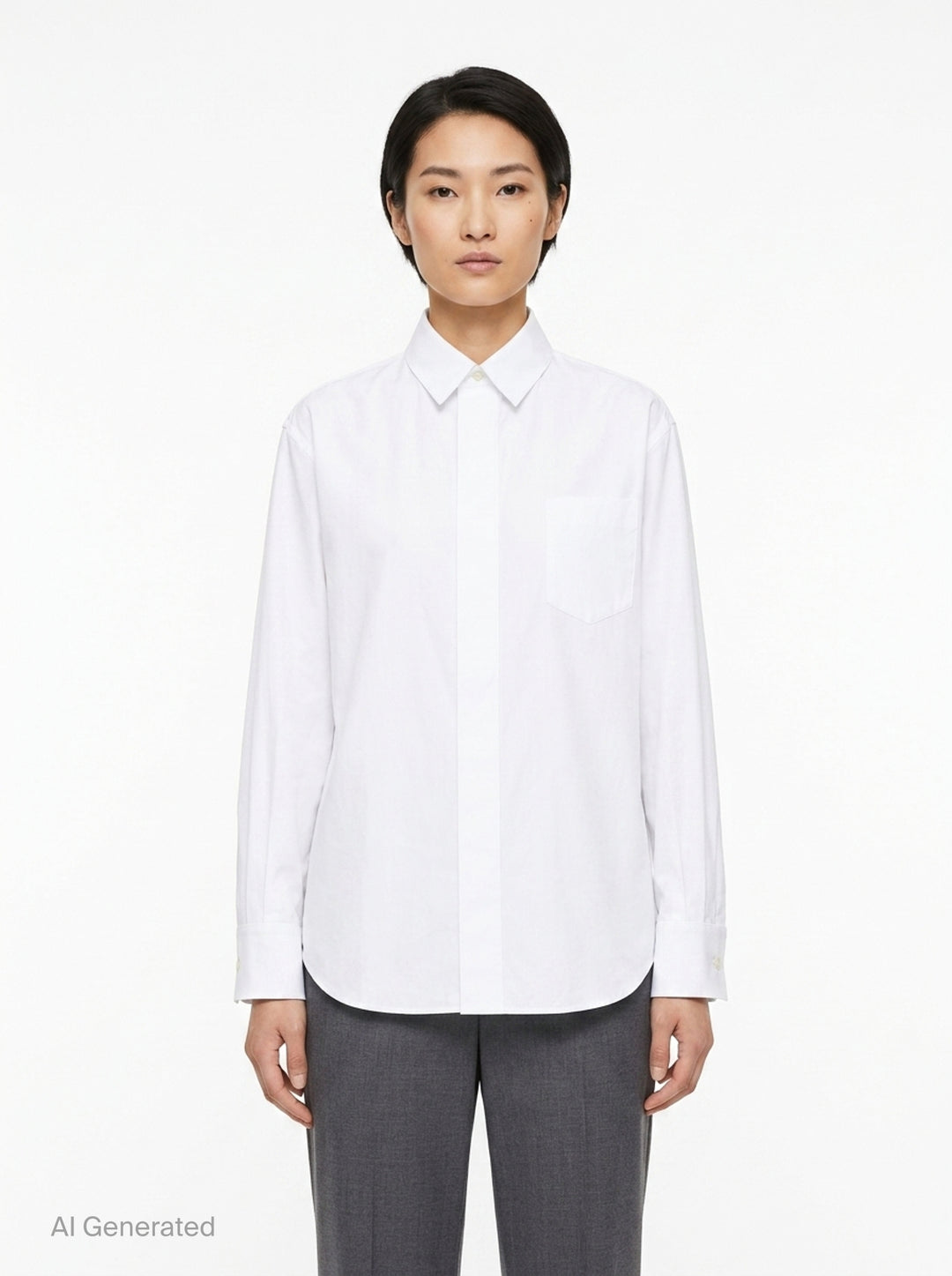 sacai black poplin long sleeve shirt with concealed front placket, point collar, chest pocket, and button-fastened cuffs, shown flat on white background - front