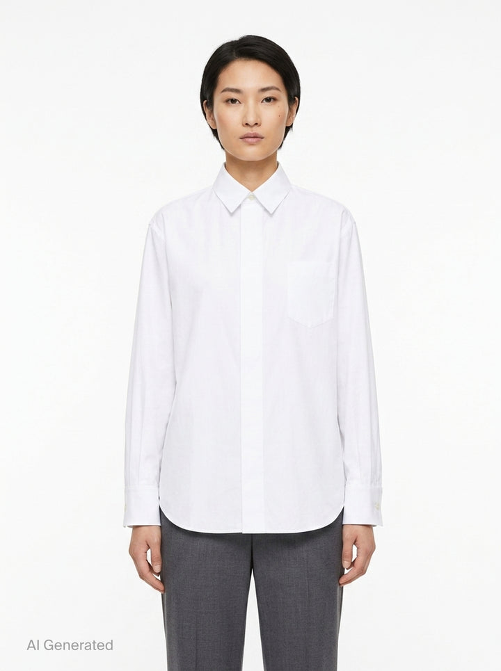 sacai black poplin long sleeve shirt with concealed front placket, point collar, chest pocket, and button-fastened cuffs, shown flat on white background - front