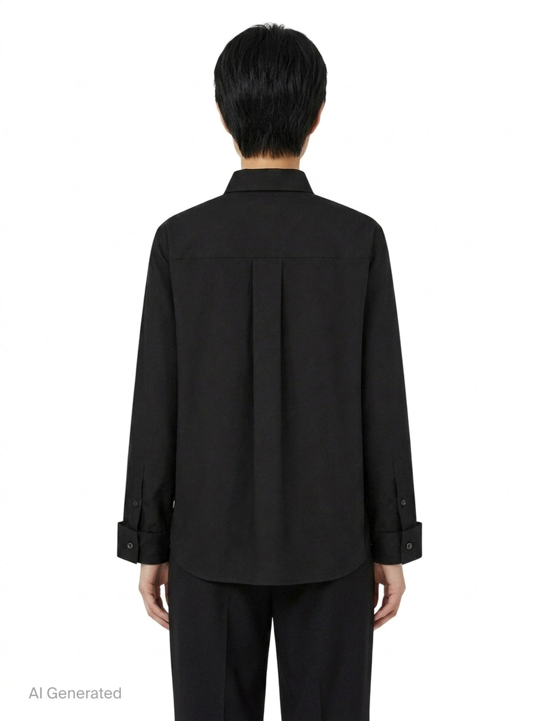 sacai black poplin long sleeve shirt with concealed front placket, point collar, chest pocket, and button-fastened cuffs, shown flat on white background - back