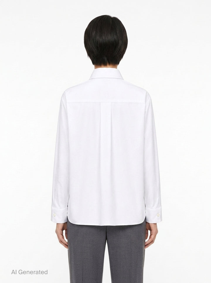 sacai black poplin long sleeve shirt with concealed front placket, point collar, chest pocket, and button-fastened cuffs, shown flat on white background - back